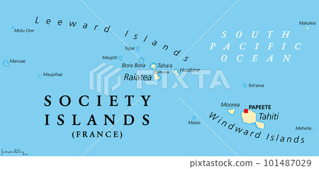 Society Islands, political map. Group of volcanic islands, in French Polynesia, an overseas collectivity of France, in the South Pacific Ocean. Archipelago, divided into Leeward and Windward Islands. Society Islands, political map. Group of volcanic islands, in French Polynesia, an overseas collectivity of France, in the South Pacific Ocean. Archipelago, divided into Leeward and Windward Islands. 101487029