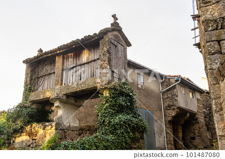 Beautiful village of Requeixo in Spain, unique for its horreos, traditional granary barns Beautiful village of Requeixo in Spain, unique for its horreos, traditional granary barns 101487080