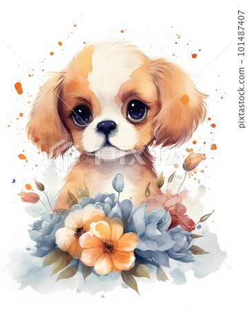Cute Adorable Watercolor Puppy with Tender Flowers Creative Illustration. Generative Ai Cute Adorable Watercolor Puppy with Tender Flowers Creative Illustration. Generative Ai 101487407