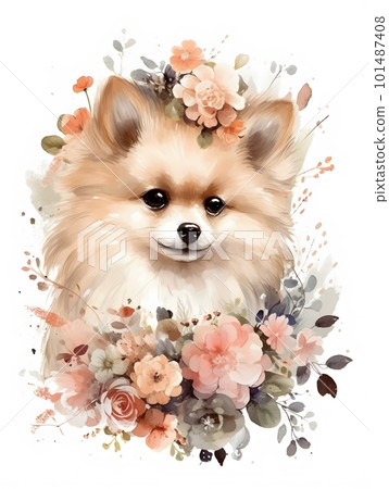 Cute Adorable Watercolor Puppy with Tender Flowers Creative Illustration. Generative Ai Cute Adorable Watercolor Puppy with Tender Flowers Creative Illustration. Generative Ai 101487408