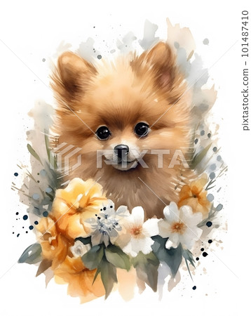 Cute Adorable Watercolor Puppy with Tender Flowers Creative Illustration. Generative Ai Cute Adorable Watercolor Puppy with Tender Flowers Creative Illustration. Generative Ai 101487410