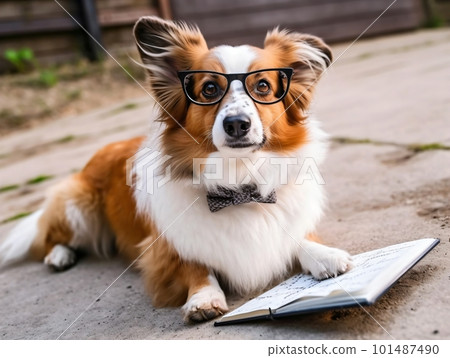 Smart Corgi Dog in Glasses is reading a Book. Book Lover Day. Generative Ai Smart Corgi Dog in Glasses is reading a Book. Book Lover Day. Generative Ai 101487490