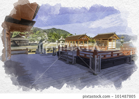Watercolor-style Miyajima, Itsukushima Shrine, High Stage, Hatsukaichi City, Hiroshima Prefecture 101487805