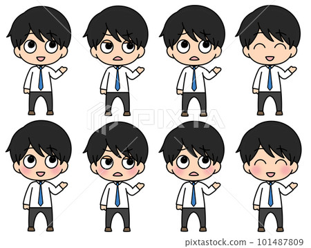 Full-body illustration of a black-haired man showing the right side Emotions and sorrows 4 facial expression set (+ cheek difference) 101487809