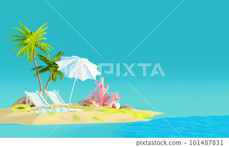 Summer vacation beach abstract background concept, Minimal Realistic Display Podium for Product mock-up or Cosmetics with summer theme, beach umbrella, sand, chairs, inflatable ring. 3d rendering 101487831