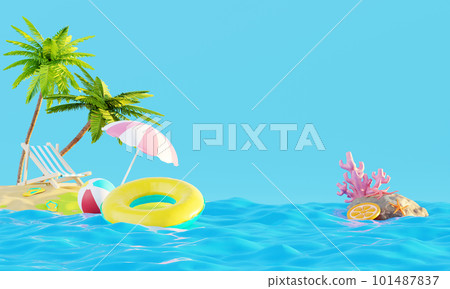 Summer vacation beach abstract background concept, Minimal Realistic Display Podium for Product mock-up or Cosmetics with summer theme, beach umbrella, sand, chairs, inflatable ring. 3d rendering 101487837