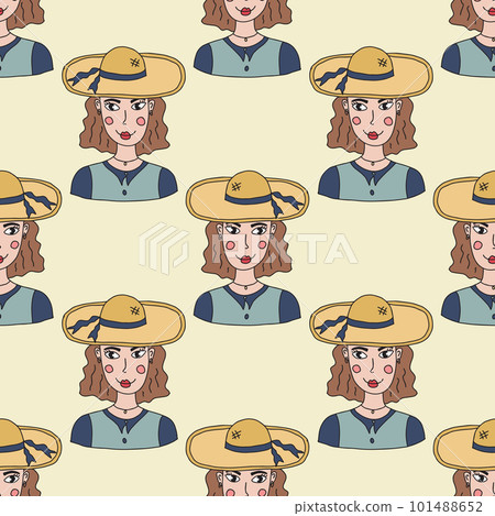 Cute cartoon abstract doodle girl portrait in the hat seamless pattern. Woman face background. Cute cartoon abstract doodle girl portrait in the hat seamless pattern. Woman face background. 101488652