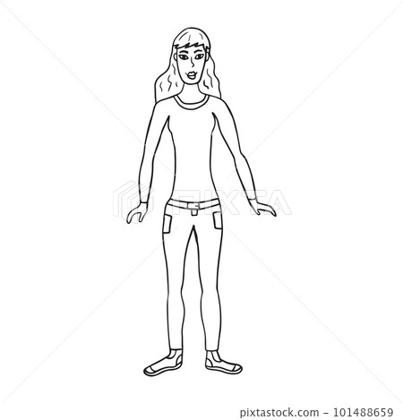 Doodle happy young lady. Woman isolated on white background. Doodle happy young lady. Woman isolated on white background. 101488659