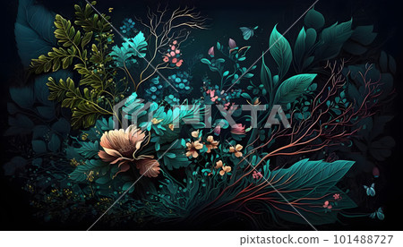 Magical iridescent flowers in dark mystery forest Magical iridescent flowers in dark mystery forest 101488727