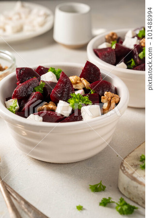 Beetroot salad with feta cheese and walnuts. Beetroot salad with feta cheese and walnuts. 101488994