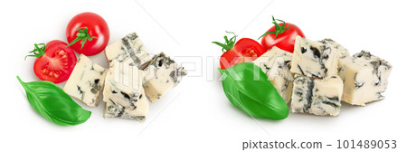 Blue cheese gorgonzola isolated on white background with full depth of field. Top view. Flat lay. 101489053