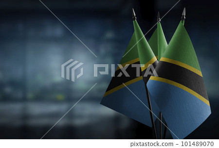 Small flags of the Tanzania on an abstract blurry background 101489070