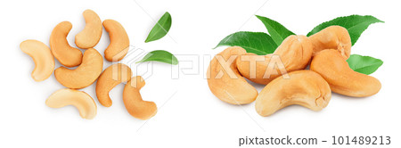 Roasted Cashew nuts isolated on white background with full depth of field. Top view. Flat lay 101489213