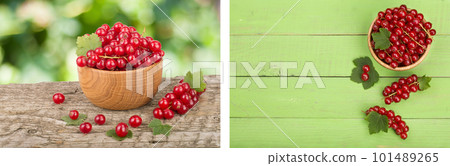Red currant berries in wooden bowl on wooden table with blurry garden background Red currant berries in wooden bowl on wooden table with blurry garden background 101489265
