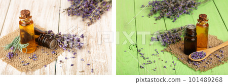 Herbal oil and lavender flowers on wooden background 101489268