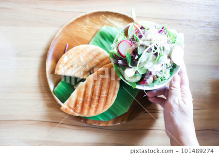 panini, italian sandwich and salad or ham and cheese sandwich 101489274