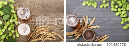 glass of foamy beer with hop cones and wheat on old wooden background. Top view with copy space for your text glass of foamy beer with hop cones and wheat on old wooden background. Top view with copy space for your text 101489278