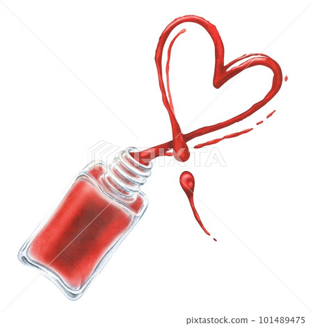 Watercolor illustration. A heart-shaped stain has spilled from a bottle of red nail polish. Isolated on a white background. For manicurist, beauty salons to create stickers, posters, prints Watercolor illustration. A heart-shaped stain has spilled from a bottle of red nail polish. Isolated on a white background. For manicurist, beauty salons to create stickers, posters, prints 101489475