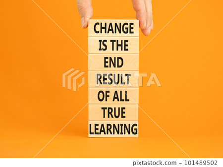 Change symbol. Concept words Change is the end result of all true learning on wooden blocks. Beautiful orange background. Copy space. Businessman hand. Motivational business change result concept. Change symbol. Concept words Change is the end result of all true learning on wooden blocks. Beautiful orange background. Copy space. Businessman hand. Motivational business change result concept. 101489502
