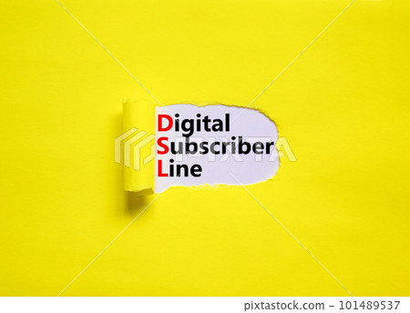DSL digital subscriber line symbol. Concept words DSL digital subscriber line on white paper. Beautiful yellow background, copy space. Business and DSL digital subscriber line concept. 101489537
