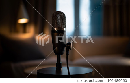 Sound and voice recording studio with nobody for podcast. Vintage style microphone and tools for record in room with noise reduction and resonance absorb foam wall in background for good acoustic with 101489660