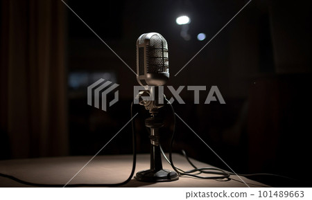 Sound and voice recording studio with nobody for podcast. Vintage style microphone and tools for record in room with noise reduction and resonance absorb foam wall in background for good acoustic with Sound and voice recording studio with nobody for podcast. Vintage style microphone and tools for record in room with noise reduction and resonance absorb foam wall in background for good acoustic with 101489663