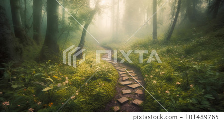 Path in a forest at misty morning. Generative AI illustration 101489765