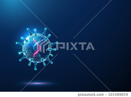 Abstract blue virus with purple 3d DNA molecule helix inside 101489859