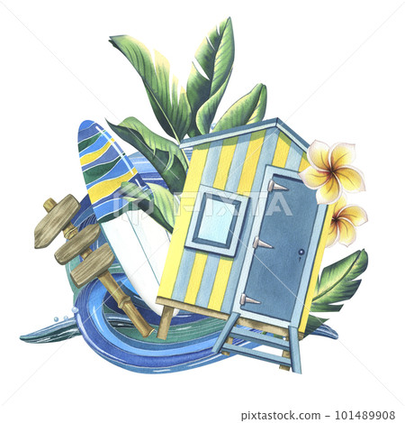 The beach cabana is striped blue and yellow, surfboard, road sign, tropical leaves, frangipani flowers and sea wave. Watercolor illustration, hand drawn. Composition isolated on white background. 101489908