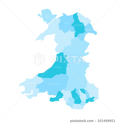 Counties and cities of Wales. Blue vector map with labels. 101489951