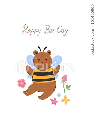 Postcard or poster with a cute bee bear. Vector graphics. 101490000