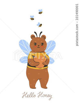 Postcard or poster with a cute bee bear. Vector graphics. 101490001