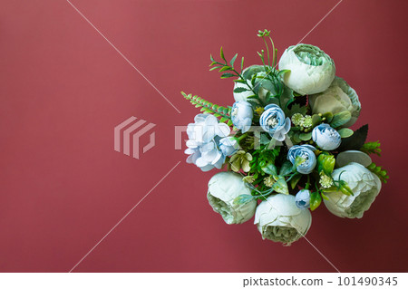 Mother's day or birthday greeting card concept. Festive flower arrangement, beautiful bouquet colorful flowers in vase. Top view flat lay. Copy space. Mother's day or birthday greeting card concept. Festive flower arrangement, beautiful bouquet colorful flowers in vase. Top view flat lay. Copy space. 101490345