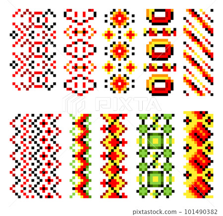 Ukrainian traditional embroidery. Set of patterns for cross stitching decoration. Cross-stitch traditional folk. Vector illustration of ethnic seamless ornamental geometric design Ukrainian traditional embroidery. Set of patterns for cross stitching decoration. Cross-stitch traditional folk. Vector illustration of ethnic seamless ornamental geometric design 101490382