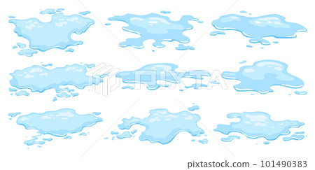 Water spill puddles set. Blue liquid various shape in flat cartoon style. Clean fluid drop design elements isolted on white background 101490383