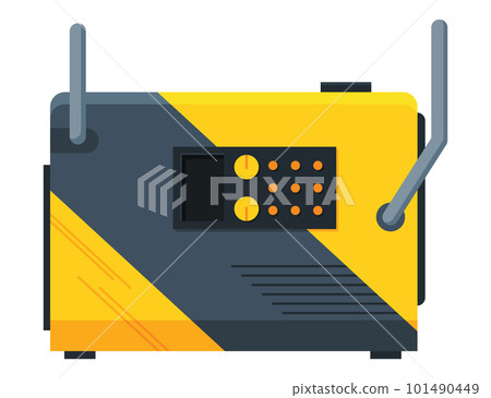 Portable electric power generator icon. Gasoline generator, emergency equipment. Energy generating backup equipment and electricity voltage source alternator machine. Cartoon vector illustration 101490449