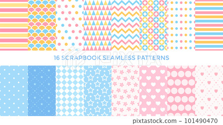 Baby textile seamless pattern collection. Set of geomteric sweet, stripe vector background. Wallpaper cover, scrappbooking paper or fabric cloth. Bright colorful childish geometry shapes 101490470