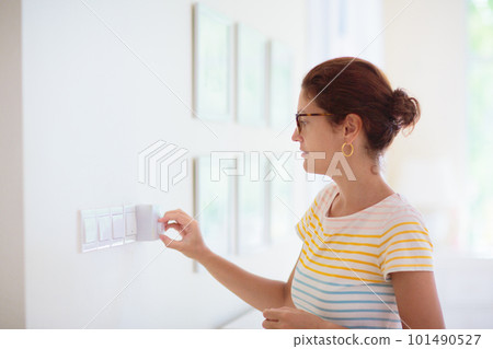 Woman adjusting thermostat. Central heating. Woman adjusting thermostat. Central heating. 101490527