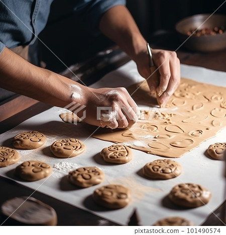 man rolls out dough for cookies, a man prepares sweets, close-up, man cooking 101490574