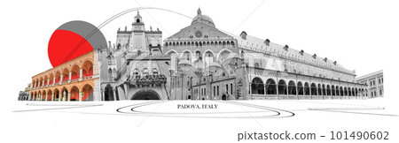 Art collage or design of buildings of Padua Italy. Palazzo, historical building of the Padova Italy 101490602