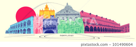 Art collage or design of buildings of Padua Italy. Palazzo, historical building of the Padova Italy 101490604