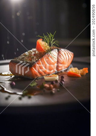 Salmon steak close up. Generative AI 101490656