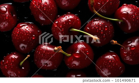 Cherry seamless background with water drops, top view, flat lay. Generative AI Cherry seamless background with water drops, top view, flat lay. Generative AI 101490671