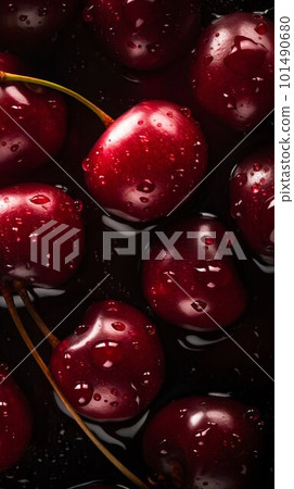 Cherry seamless background with water drops, top view, flat lay. Generative AI 101490680
