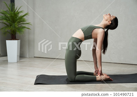 Side view of flexible, slim girl stretching with closed eyes on yoga mat. Focused, young female wearing sportswear, working out, exercising. Concept of sport and athletics. 101490721