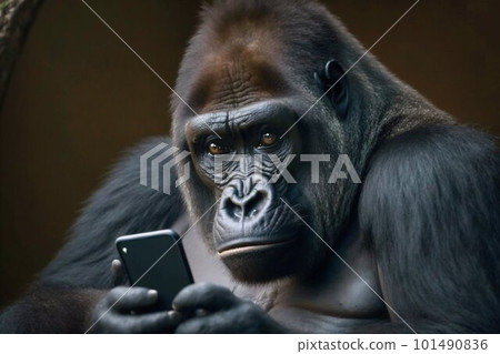 Gorilla monkey looking at smartphone. Generative AI Gorilla monkey looking at smartphone. Generative AI 101490836