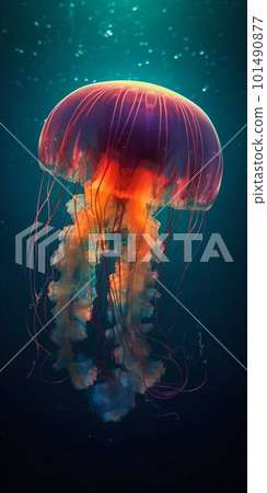 Glowing jellyfish under water. Generative AI 101490877