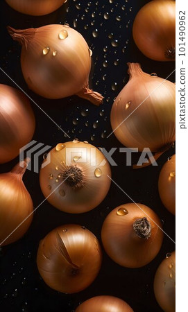 Onion seamless background with water drops, top view, flat lay. Generative AI Onion seamless background with water drops, top view, flat lay. Generative AI 101490962