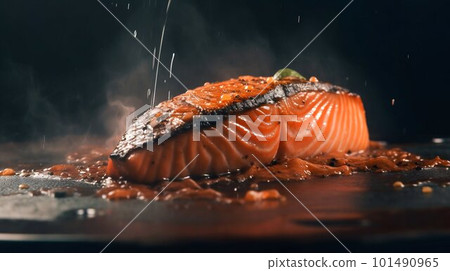 Salmon steak close up. Generative AI 101490965