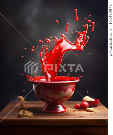 Bowl with flying red liquid in the air. Generative AI Bowl with flying red liquid in the air. Generative AI 101490978